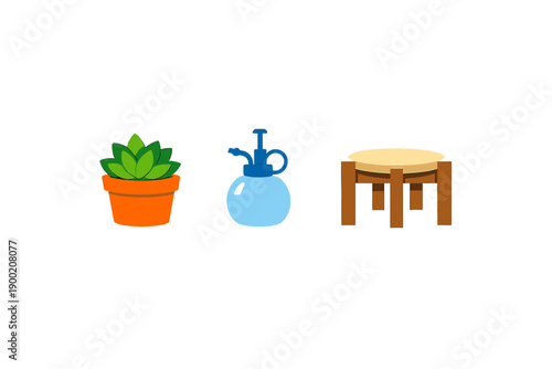 Plant, watering can, and table sit together on a simple background showing home gardening tools and furniture for indoor green space care