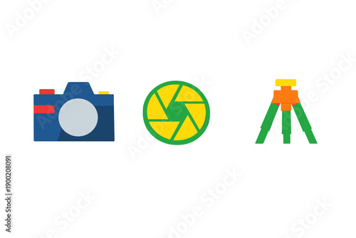 Colorful symbols of photography on a white background represent camera, lens, and tripod during a creative design session