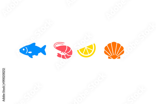 Four colorful icons show a fish, a shrimp, a lemon slice, and a shell on a plain white background representing seafood and freshness
