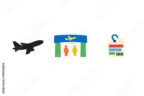 Travelers at an airport terminal check-in area with an airplane silhouette, sign for security check, and a luggage tag display in a busy setting