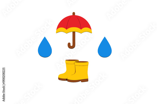 Bright yellow rain boots sit beside a colorful umbrella and blue raindrops on a white background during a rainy season