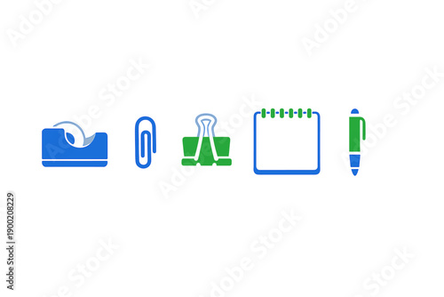 Office supplies are arranged in a row showing different items such as tape, paper clips, binder clips, notepad, and pen on a plain background