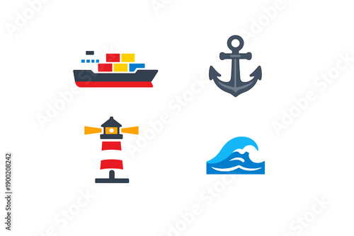 Ship, anchor, lighthouse, and waves are shown in a creative design that represents maritime elements in a colorful and simple way