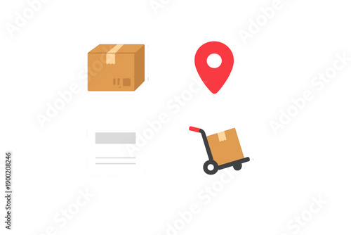Delivery items showing a cardboard box, location pin, a shipping document, and a cart with a package arranged in a clean layout suitable for logistics use