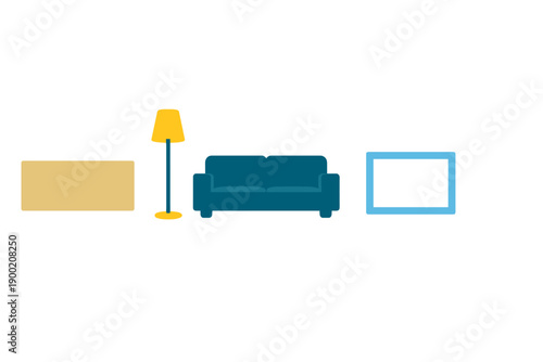 Living room setup with a couch, lamp, coffee table, and frame in a simple design layout for home decoration ideas