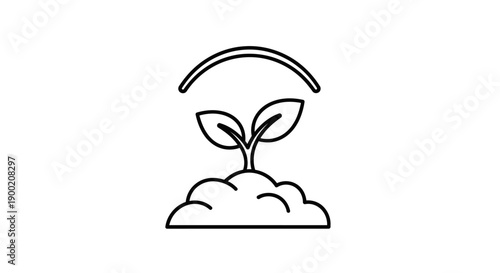 Simple line drawing of a seedling growing in a cloud with a curved line above.