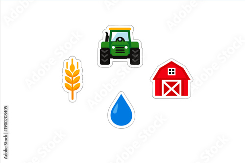 Tractor working on farm with wheat, water droplet, and red barn in rural setting during daytime