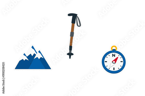 Hiking gear illustration showing mountains, trekking pole, and compass ideal for outdoor lovers and adventure enthusiasts looking for guidance in nature