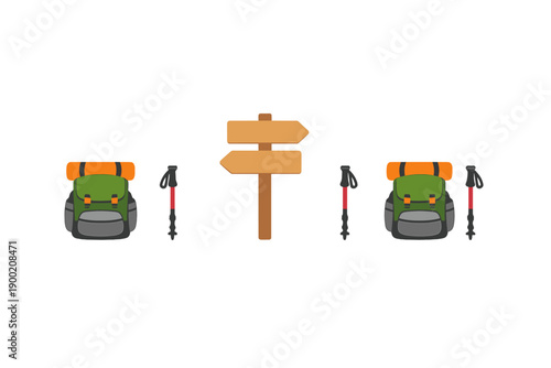 Two backpacks and trekking poles near a signpost outdoors show readiness for hiking and exploration in nature on a sunny day