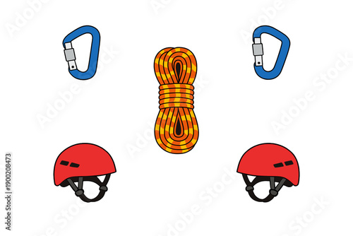 Safety gear for climbing and outdoor activities with helmets, climbing rope, and carabiners arranged on a white background at a base camp