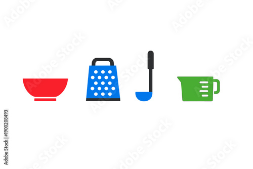 Various kitchen tools and utensils arranged in a row showing a bowl, a grater, a ladle, and a measuring cup in simple colors against a white background