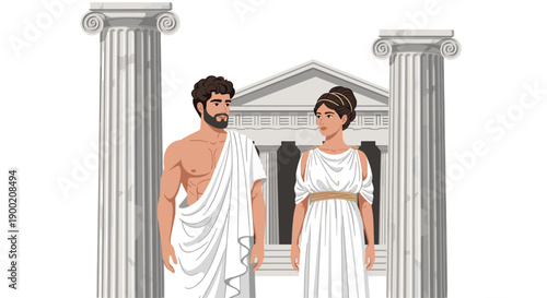 Ancient Greek couple dressed in traditional white robes standing between majestic classical columns with temple