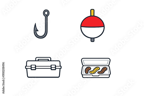 Fishing gear and tools displayed on a flat surface showcasing a hook, bobber, tackle box, and bait at a local fishing spot during a sunny afternoon