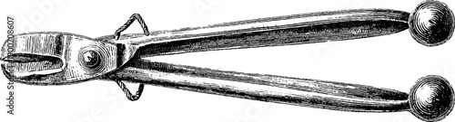 Vintage botanical engraving of tongs with spring handle design for retro decor