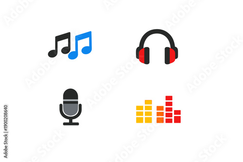 Music icons including notes, headphones, microphone, and sound levels displayed on a plain background show different aspects of audio