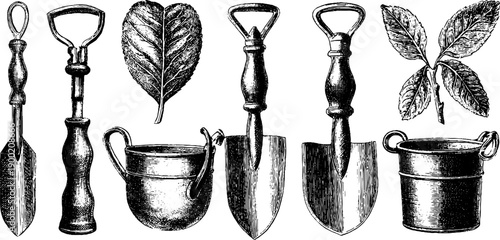 Vintage botanical gardening tools and leaves silhouettes set for design and decor