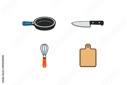 Tools for cooking in a kitchen setting with a frying pan, knife, whisk, and cutting board arranged for preparation of food