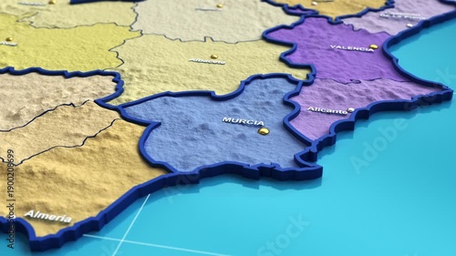 3D animation of a map of Spain zooming into the Murcia region