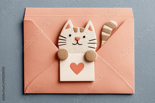 Cute cat illustration emerging from a pink envelope, holding a small heart card, symbolizing love, friendship, and sending special messages for holidays or celebrations