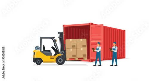 Yellow forklift and two workers efficiently loading brown cardboard boxes onto pallets into a large red shipping