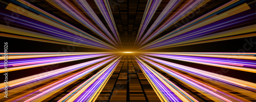 Yellow neon spirals twist across a dark urban street. Motion trails illustrate fast digital motion. Vector futuristic illustration with glowing energy.
