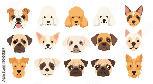 Fifteen unique expressive cartoon dog breed faces and heads in a charming collection for pet illustrations.