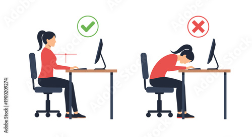 Woman illustrating correct and incorrect ergonomic posture while working at a desk with a computer monitor.