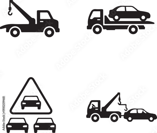 Set of diverse black and white icons illustrating tow trucks, car transport, and road signs