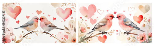 Watercolor Couple of Birds with Hearts on Transparent Background for Valentine’s Day Cards, Wedding Invitations, Romantic Posters, Greeting Cards and Love-Themed Designs.