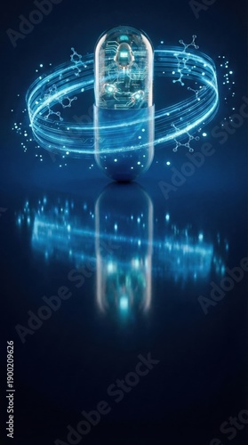 Futuristic medical capsule showing holographic data stream suitable for pharmaceutical research and smart medicine concept with copy space.