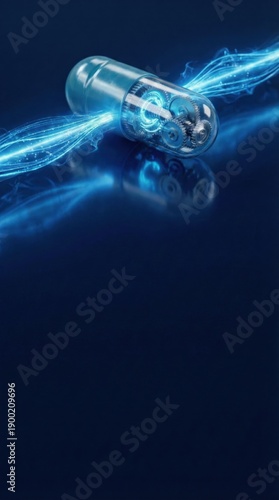 Close-up of futuristic antibiotic capsule interacting with digital blue light streams in a dark environment for medical science themes.