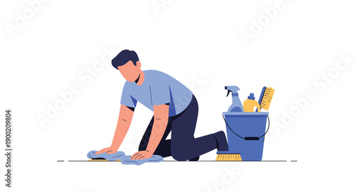 Industrious man cleaning the floor on his knees with a blue cloth, surrounded by essential cleaning supplies.