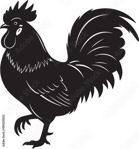 Black silhouette of a rooster with detailed feathers and comb walking forward also transparent background