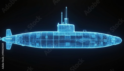 Blue wireframe of US military submarine with intricate details shown. Nautical vessel design, industrial blueprint style, silent underwater craft ready for mission.