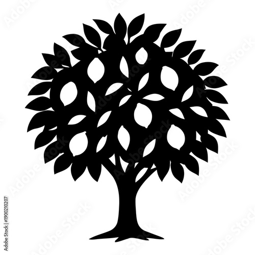 Illustration of silhouette of a lemon tree with fruit and leaves, black and white graphic design