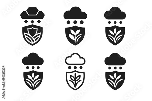 Hail Protection Logos. Hailstorm damage prevention in agriculture. Icon set. Set Logo of Hailstorm damage prevention in agriculture: hail cloud with protective