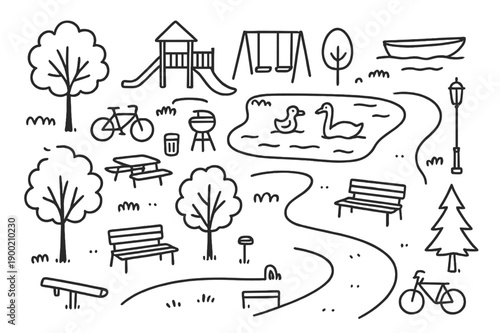 Park Doodle Illustration. park landscape. Hand-drawn doodle illustration park landscape trees, benches, swings, slides, seesaws, playgrounds, walking paths,