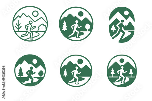 Morning Jog Logo Variants. A person jogging in the park during the early morning, surrounded by nature. Icon set. Set Logo of a person jogging in the park