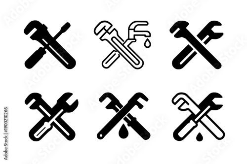 Leaky Faucet Logos. Fixing a leaky faucet in the kitchen. Icon set. Set Logo of Fixing a leaky faucet in the kitchen: pipe wrench crossing screwdriver.