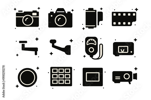 Vintage Camera Icons. 35mm Film Era. Solid icons set of 35mm Film Era: rangefinder camera, SLR camera, film cassette, sprocket holes, rewind crank, advance