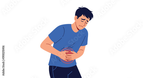 Man experiencing intense stomach pain, hunching over and clutching his abdomen with a visible red indicator.