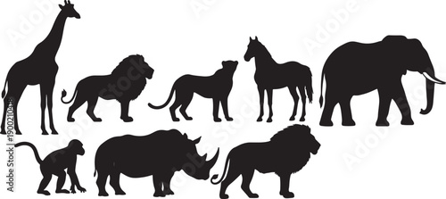 Black silhouettes of African safari animals including giraffe lion elephant rhino monkey and horse on white background also transparent background