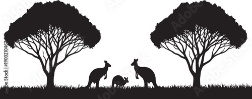 Black silhouette of two trees and three kangaroos on grassy ground against white background also transparent background