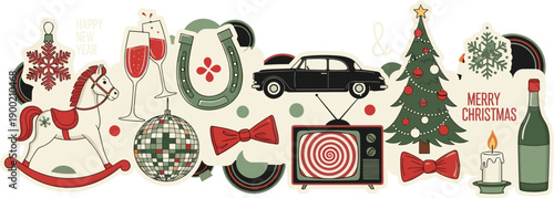 Vintage 1950s Christmas and New Year Sticker Set, Retro Flat Vector Holiday Illustration