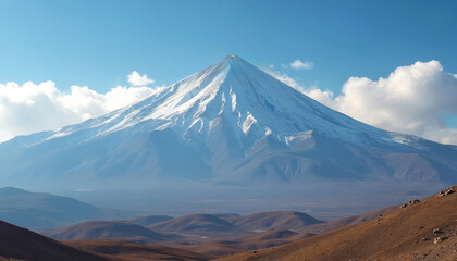 Acrylglasbilder Blau Snow capped Mount Damavand in Iran against clear blue sky with white clouds. Desert foothills in foreground. Majestic mountain landscape offers breathtaking views. Great for travel and nature themes.  © Pete