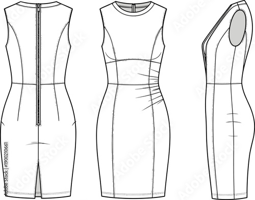 Women's Sleeveless Sheath Dress Fashion Flat Sketch, Front Back Side View Vector