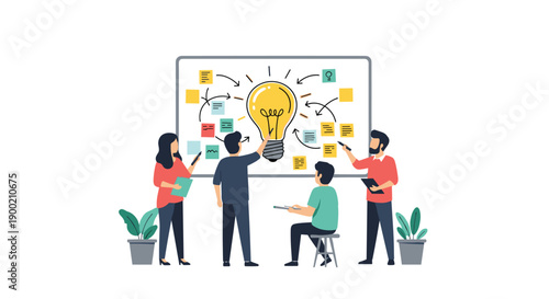 Collaborative team brainstorming new business ideas around a whiteboard with a lightbulb drawing and sticky notes.