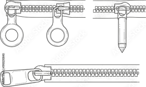 Zipper Fastener Collection Vector Illustration, Technical Fashion Flat Sketch for Garment Design