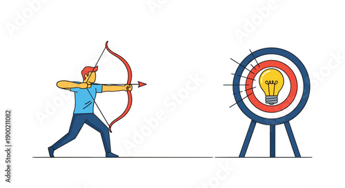Man in a blue t-shirt aiming a red bow and arrow directly at an idea lightbulb target board.