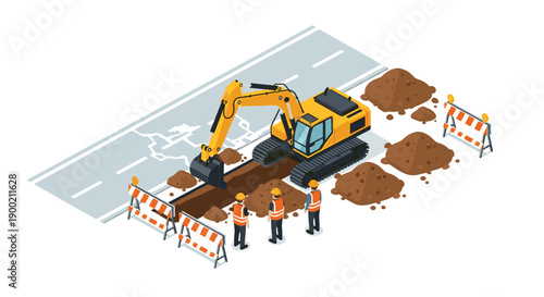 Yellow excavator digging a trench in a cracked road with construction workers and orange barriers during repair.